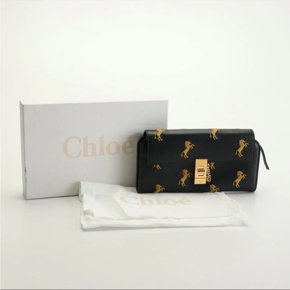 Chloé Drew Horse Embroidered Leather Continental Wallet Navy